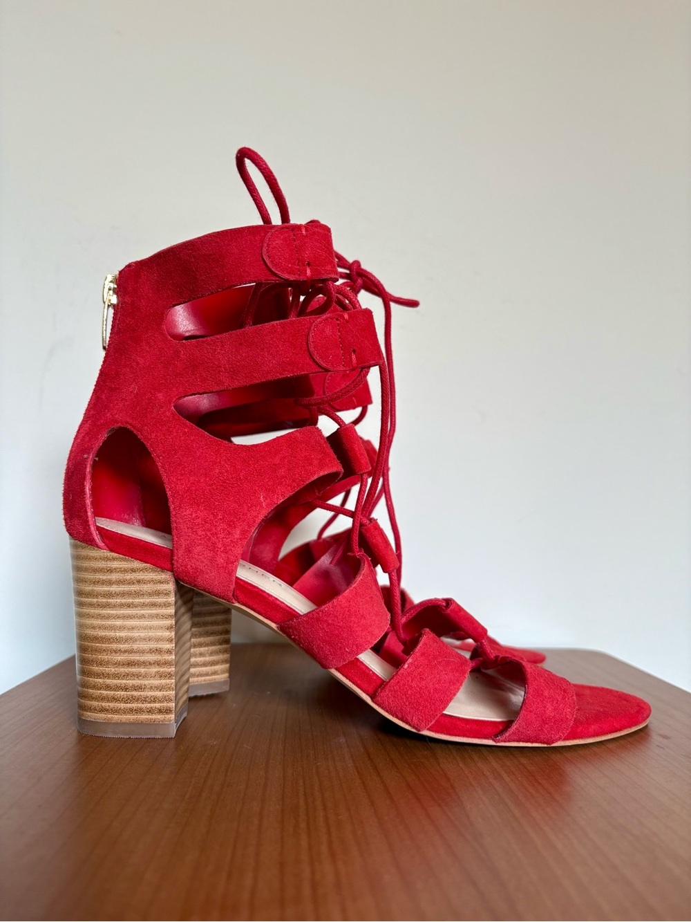 Marc Fisher Paradox Red Suede Gladiator Lace Up Stacked Heel Sandal Zip Back 8